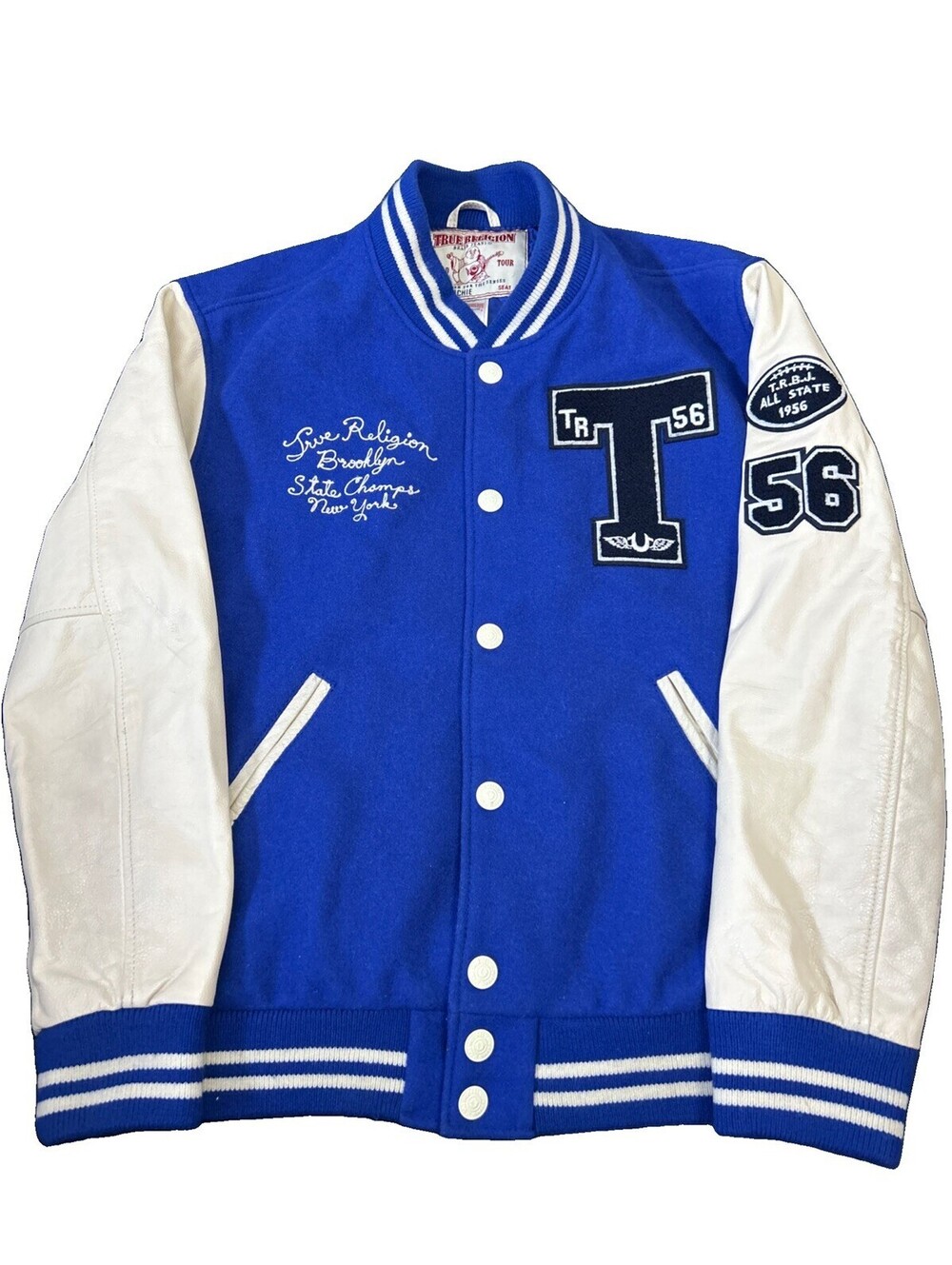 True Religion Richie Mens XL Letterman Varsity Jacket Brooklyn Braves Royal Blue